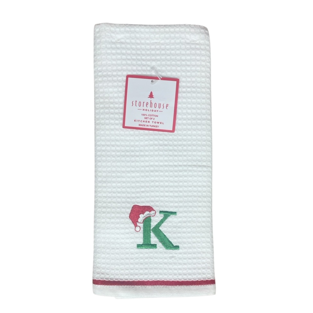NWT Storehouse Holiday Set of 2  Kitchen Towels with Initial “K”